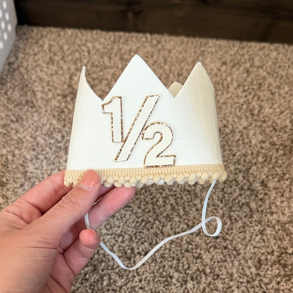 Cream Pom-Trim Half Birthday Crown for Kids